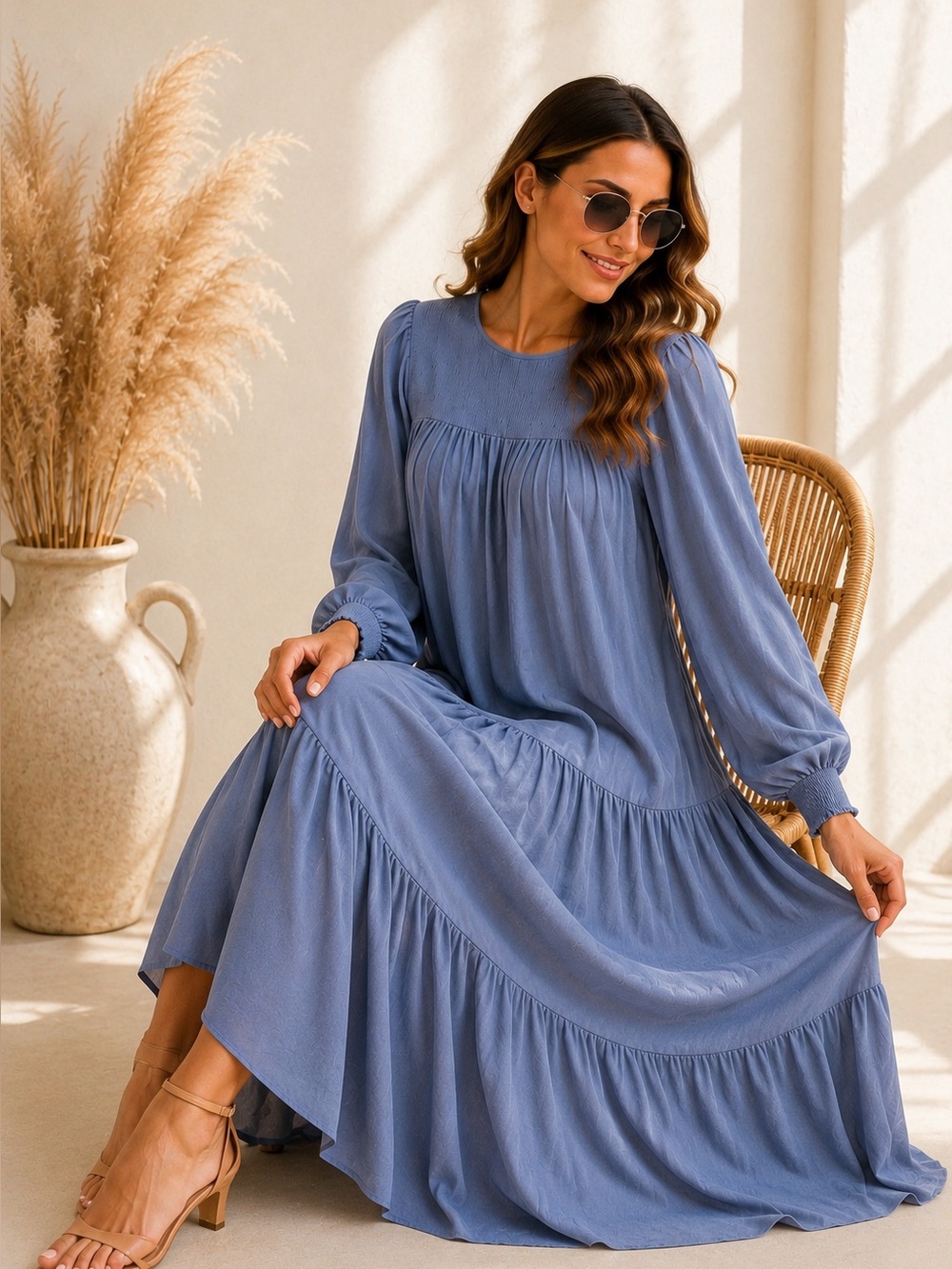 Lumiere Blue Smocked Tiered Midi Dress Boho Cottagecore NWT Size M